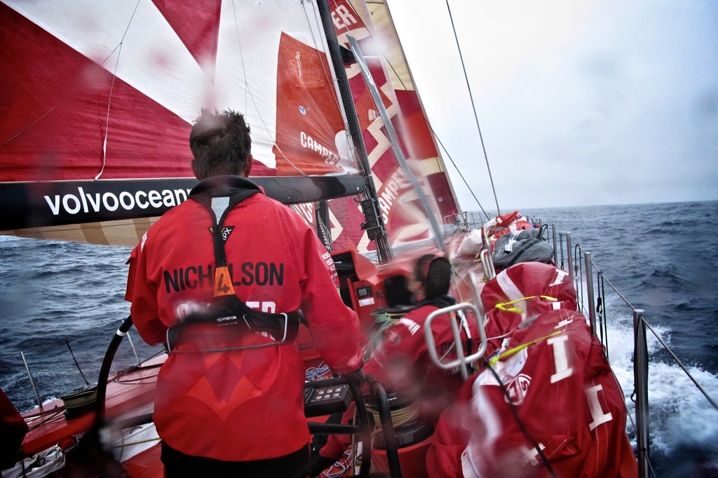 Skipper Chris Nicholson on the helm of Camper with Emirates Team New Zealand during leg 2 of the Volvo Ocean Race 2011-12, from Cape Town, South Africa to Abu Dhabi, UAE.  © Hamish Hooper/Camper ETNZ/Volvo Ocean Race
